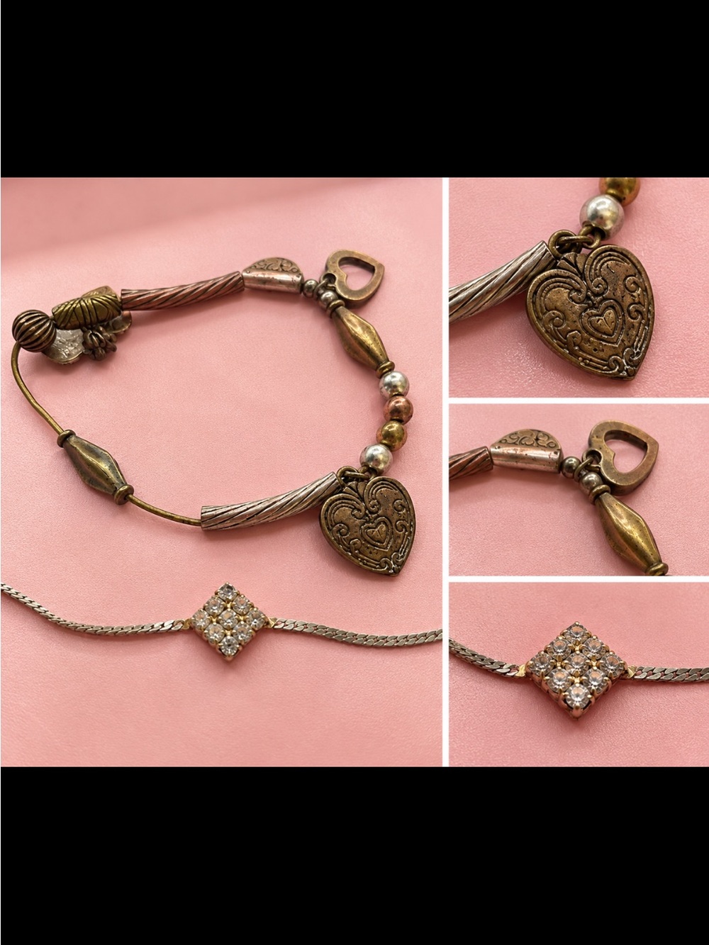 Antique Brass Heart Charm Bracelet in Gold-Tone